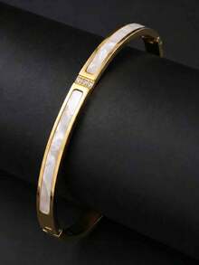 1pc Unisex Versatile Mother Of Pearl CZ Bangle, 18K Gold Plated Stainless Steel, Daily Wear Gift For Men & Women - Gold - View 4