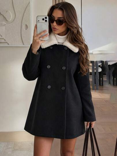 Women's Autumn/Winter Black Wool Mid-Length Coat, Lambswool Collar, Double-Breasted, A-Line Loose Fit