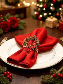 12pcs/8pcs/4pcs Christmas Wreath Napkin Ring Set, Red Bow Decor, Rhinestone Design, Holiday Party Table Decor, Banquet Table Napkin Holder, Christmas Decoration, New Year Decoration - Multicolor - View 8