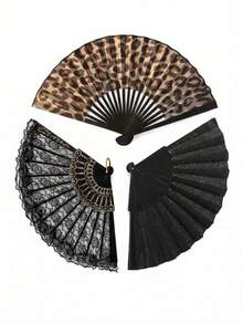 3/1pc Vintage Black Lace Leopard Print Glitter Folding Fan, Handheld Fan For Women, Gothic Y2K Style, Suitable For Halloween, Christmas, Music Festival, Party, Dancing, Photography Props, Accessories For Hanfu, Costume - Multicolor - View 12