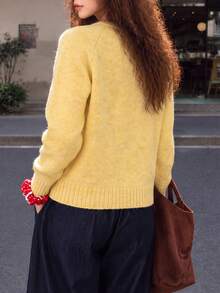 Women's Knitted Long Sleeve Cardigan, Heart-Shaped Button Design, Short Round Neck Winter Sweater, Suitable For Autumn Wear - Yellow - View 2