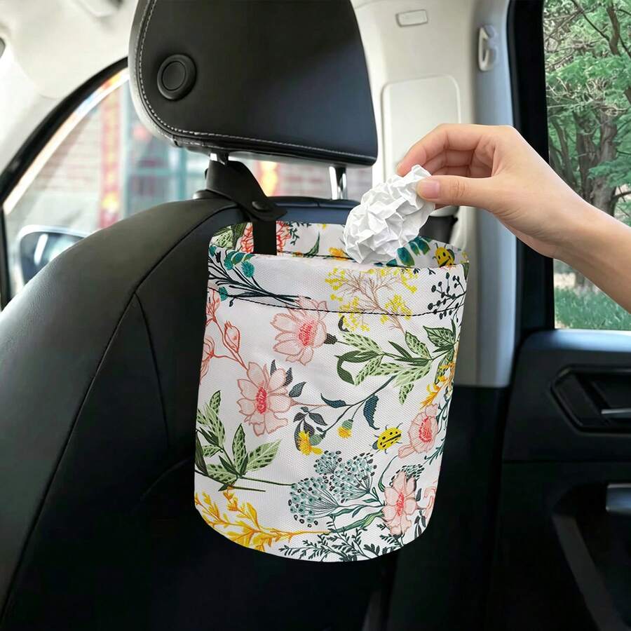 多功能居家收納袋 車用收納桶 布製吊掛袋-復古花卉 吊掛扣設計 桌面收納桶 可當小型垃圾桶 車用垃圾桶 可折疊 日常使用(隨機花紋印花) - 彩色 - 查看 1
