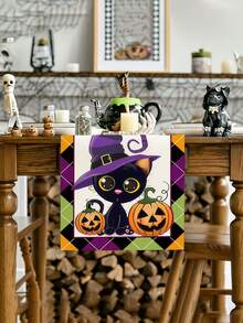 1pc, Halloween-Themed Table Runner, Microwave Dust Cover, Protective Cover, Rectangular Tablecloth, Washable, Suitable For Family Dinners, Coffee Tables, Kitchen And Dining Room Decorations, Table Decorations, Party And Scene Decorations, Home Decor, Outdoor Patio Table Runner Decorations, Entryway Decorations, Fireplace Mantle Decorations. - Multicolor - View 1