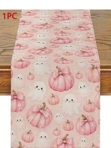Halloween Cute Pink Pumpkin Table Runner, Throw Pillow, Placemat, Pink Background Bow Pumpkin Smiling Ghost Print Tablecloth, Sweet Girl Style Halloween Autumn Kitchen Dining Room Decor, Rectangular Table Runner - Multicolor - View 15