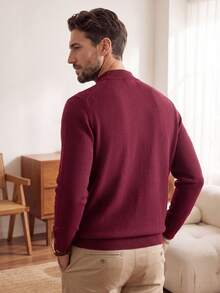 Men's Stand Collar Long Sleeve Solid Color Minimalist Casual Knitted Sweater, Lightweight For Autumn/Winter - Burgundy - View 5