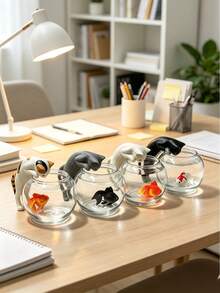 Cute Miniature Cat Catching Fish Figurine; Adorable Cat Catching Fish In Front Of An Aquarium - Perfect For Home/Car Dashboard Decoration. One Random Design. Suitable For Living Rooms, Bedrooms, Desks, Offices, And Other Home Decor. - A - View 1