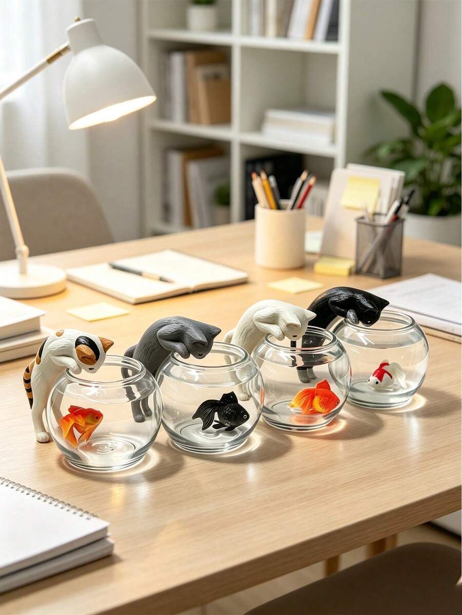 Cute Miniature Cat Catching Fish Figurine; Adorable Cat Catching Fish In Front Of An Aquarium - Perfect For Home/Car Dashboard Decoration. One Random Design. Suitable For Living Rooms, Bedrooms, Desks, Offices, And Other Home Decor. - A - View 1