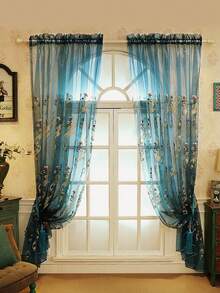 Single Panel, Lake Blue Premium Embroidered Sheer Curtain, European Luxury Personalized Old Money Floral Pattern Embroidered Window Curtain, Suitable For Living Room, Bedroom Windows And Door Decoration, Curtain Rod Not Included - Blue - View 11