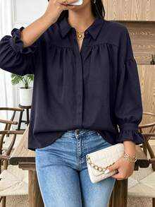 Women's Plus Size Flare Sleeve Blouse, Casual Solid Color Single-Breasted Top - Navy Blue - View 2