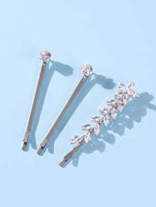 3pcs Set Luxury Sparkling Zirconia Leaf Hair Clips, Fashion Women Daily Commute Photo Outfit Side Hair Clips, Bride Bridesmaid Wedding Atmosphere Versatile Straight Hair Clips Accessories - Silver - View 8