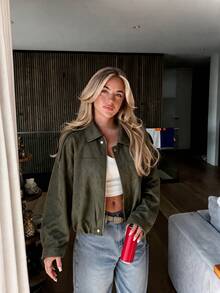 Casual Suede Lapel Zipper Loose Fit Short Jacket, Autumn/Winter New Style, Versatile For Commute And Street Wear - Army Green - View 1
