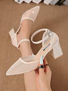 New Chinese Style White High Heel Women's Half-Slip Thin Heel Pointed Toe Lace Embroidered Two-Way Wear Sandals - Beige - View 3