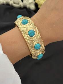 Vintage Multi-Layer Hollow Metal Bracelet, Oval Natural Stone Inlaid, Light Luxury Elegant Open Bangle, Niche Design Geometric Square Gemstone Wrist Accessory, Gradient Texture, Versatile Daily Commute Hand Jewelry, French Soft Style Multi-Layer Striped Bracelet - Multicolor - View 15