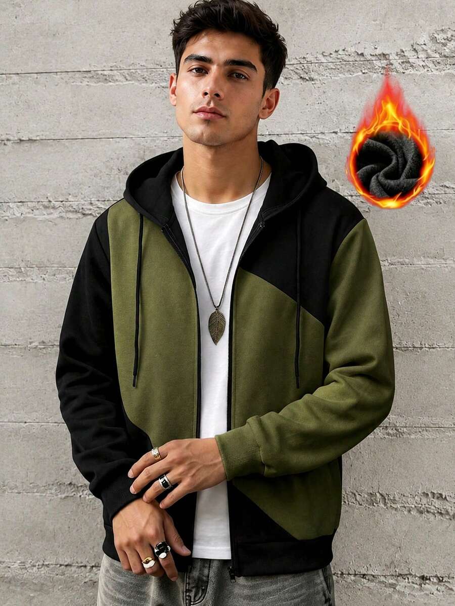 Men's Contrast Color Patchwork Zipper Hoodie Sweatshirt, Long Sleeve Top - Army Green - View 1