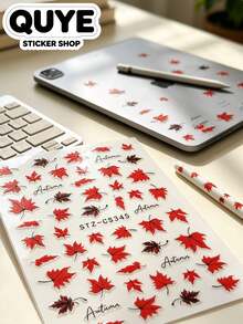 1 Set Decor Stickers, Journaling Supplies, Metallic Phone Stickers, Stickers Aesthetic, Autumn Red Maple Leaf Motif, Handwritten Letter Ornamental Graphics, For Ipad, Phone Case, Camera, Water Cup, Gift Card - STZ-cS345- - View 3
