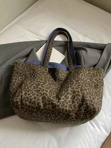 Leisure Retro Artistic Style Practical Texture Leopard Print Tote Bag, Letter Decoration Design, Reversible, Suitable For Commuting And Gatherings - Multicolor - View 10