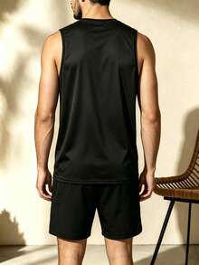 Men's Fitness Gradient Color Sleeveless Tank Top & Side Print Shorts 2 Pieces Sports Set - Multicolor - View 5