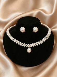 1 Pair Earrings 1 Necklace Minimalist Fashion Versatile Fresh Delicate Faux Pearl Set Suitable For Women Daily And Holiday Wear - 2-piece Set D - View 5