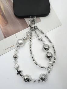 1pc Aesthetic Silver Cross Star Phone Chain, Crystal Beaded Multi-Layer Buckle Lanyard, Versatile Decorative Strap For Students Daily Photography - Silver Double Chain - View 3