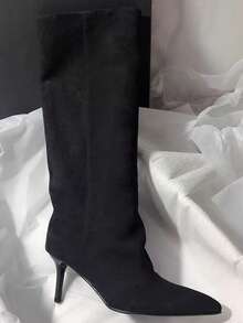 French Blogger Style Pointed Toe Wide Shaft Knee-High Boots, Nordic Kitten Heel Riding Boots For Women - Black - View 8
