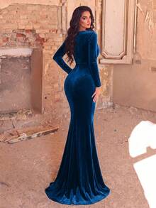 Faeriesty Women's Elegant Deep V-Neck Mermaid Evening Gown, Long Sleeve With Train -. Party Spring Fall Wedding - Navy Blue - View 2