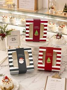4pcs/12pcs Holiday Window Gift Boxes, Christmas Striped Square Dessert Boxes, Red & Green Santa Tree Design, Party Favors, Cookies & Small Gifts Box - View 11