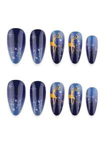 24PCS Christmas Press On Nails, Medium Almond Fake Nails, Blue Black Gradient Starry Sky Design With Golden Deer & Snowflake, Glossy Reusable False Nail Tips For Holiday Party Decoration - Multicolor - View 2