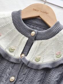 bearleader Girls 2pcs Winter Knit Set, Floral Large Collar Button-Up Sweater With Grey Skirt - Grey - View 4