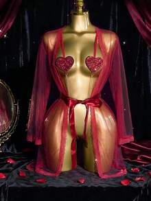 Wine Red Sheer Mesh Robe With Waist Tie And Sexy Heart-Shaped Sequin Jumpsuit - Burgundy - View 3