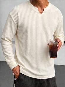 Blueprint Man 1pc Men's Apricot Small V-Neck Long Sleeve Sweatshirt, Vertical Textured Fabric, Soft And Comfortable Touch, 3D Texture, Loose Drop Shoulder Fit, Relaxed And Casual Style, Suitable For Wearing Alone Or Layering, Daily Commute Old Money Style - Apricot - View 3
