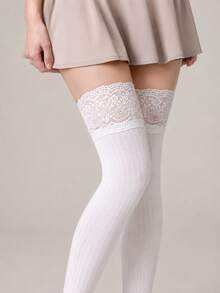 2/4 Pairs White Over-Knee Socks With Lace Patchwork – Solid Versatile Style. Great With Skirts, Boots & Casual Looks. - Multicolor - View 1