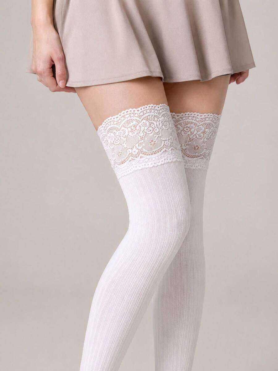 2/4 Pairs White Over-Knee Socks With Lace Patchwork – Solid Versatile Style. Great With Skirts, Boots & Casual Looks. - Multicolor - View 1