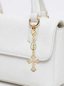 Christian Charm Keychain With Religious Cross, Pearl And Diamond Pendant - Cross Keychain, Bag Charm, Cross Pendant, Decorative Wallet, Backpack, Earphone Case, Luggage And Car Accessories - Single Accessory With Pearl, Diamond And Romantic Elements - Multicolor - View 3