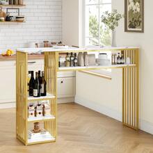 Bar Table With Storage, 140*40*105, High Table With Marble-Effect MDF Top, 3 Shelves And Black Metal Frame, Kitchen Counter For Kitchen, Dining Room And Breakfast Area. - White+Gold+MDF+Metal - View 9