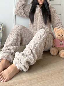 1pc Women's Hooded Fluffy Jumpsuit With Ears, Heart Pattern, Solid Color, Cute, Comfortable, Warm, Suitable For Autumn/Winter, Cozy Outfits - Camel - View 3