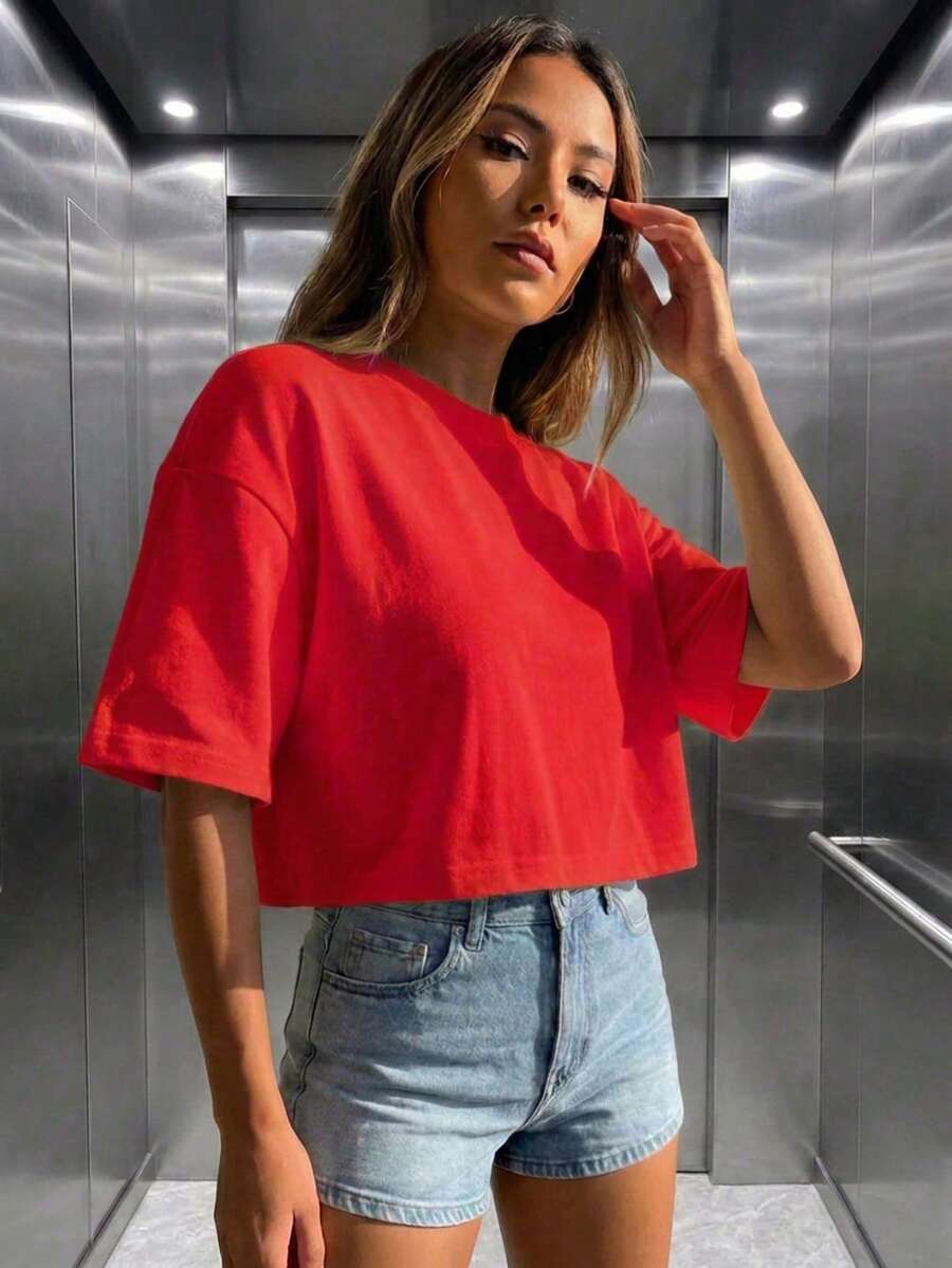 女款圓領短袖寬鬆休閒上衣，極簡優雅性感街頭 Y2K 風格紅色夏季款