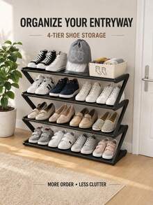 6PCS/1pc Black 4-Tier Freestanding Shoe Rack, Modern Z-Frame Design Space-Saving Open Shoe Storage, 1 Shoe Rack, Suitable For Entryway, Closet, Bedroom, Hallway, Dorm And Small Apartment, Vertical Multi-Layer Shoe Storage, Easy Access Home Storage Solution, Fits Sneakers, Flats, Loafers And Casual Shoes, Daily Use, Back To School, Housewarming And Holiday Home Storage - Multicolor - View 1