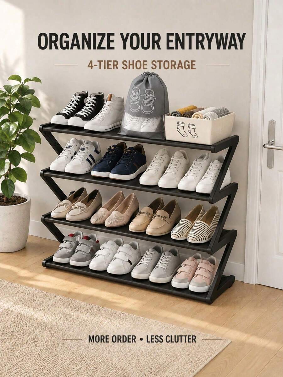 6PCS/1pc Black 4-Tier Freestanding Shoe Rack, Modern Z-Frame Design Space-Saving Open Shoe Storage, 1 Shoe Rack, Suitable For Entryway, Closet, Bedroom, Hallway, Dorm And Small Apartment, Vertical Multi-Layer Shoe Storage, Easy Access Home Storage Solution, Fits Sneakers, Flats, Loafers And Casual Shoes, Daily Use, Back To School, Housewarming And Holiday Home Storage - Multicolor - View 1