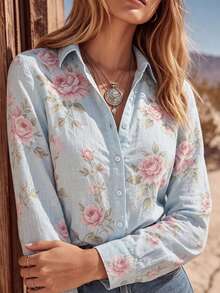 YI XUAN Women's Autumn Shirt In A Linen Blend, Featuring A Long Lapel Design And A Printed Pattern-A Bohemian-Style Vacation Top For Fall. - Baby Blue - View 6