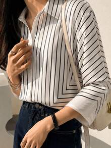 Women's Single-Breasted Casual Loose Striped Mid-Sleeve Shirt - Apricot - View 4