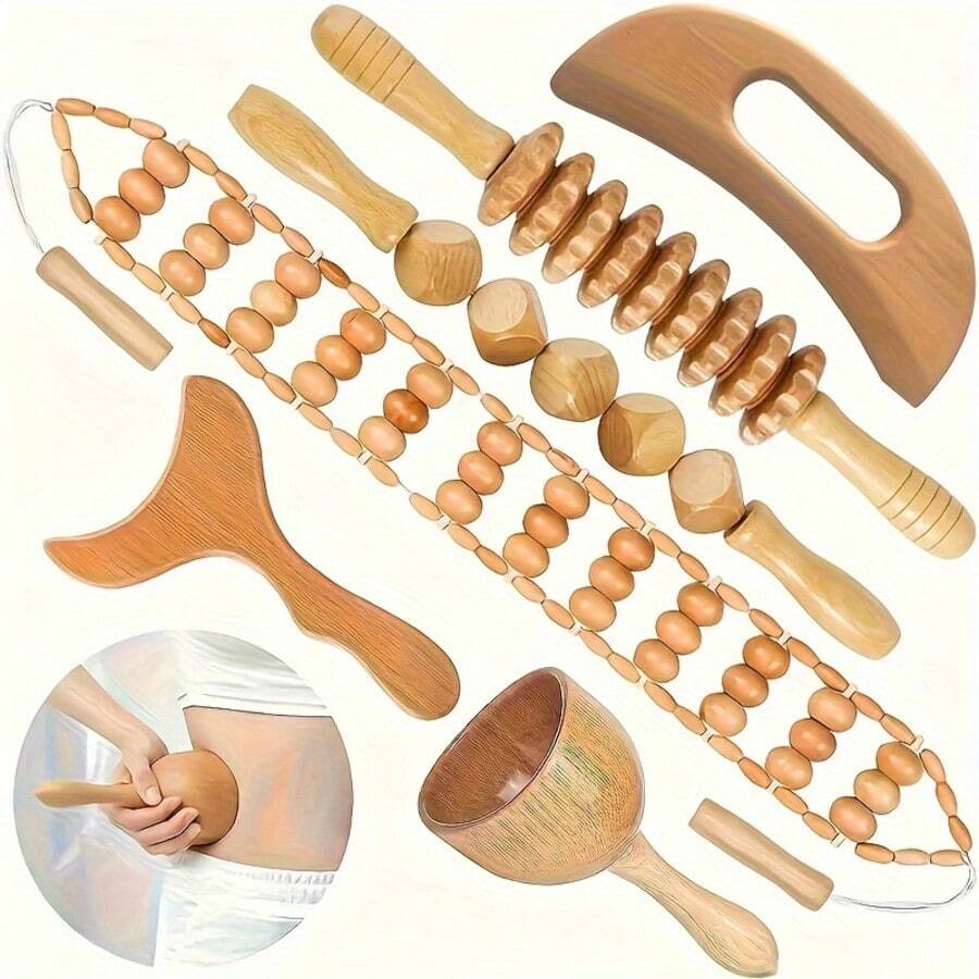 6pcs Wooden Massage Tool Set, Wooden Massage Tools, Manual Facial Massager Kit With Wooden Roller, Pointed Head, Bead And Textured Head, Suitable For Full Body Relaxation And Health, Body Massage Tools - Home Holiday Gift, Halloween, Christmas Gift