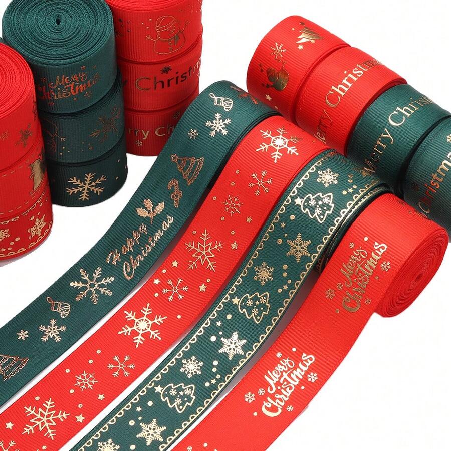 5 Yards/Roll 2.5cm Polyester Christmas Series Gold Foil Ribbon Bows Flowers Gift Packaging Material Christmas Ribbon For Flowers Cakes Christmas Tree Decoration Ribbed Ribbon DIY Decoration Packaging Gifts Party Holiday Supplies