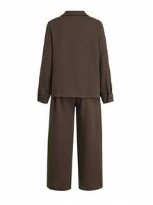 SMILE CHIC New Vintage Commute Lapel Shirt & Wide Leg Pants 2 Pieces Set Elegant - Coffee Brown - View 8