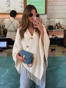 SEREN Bohemian Style Women's Shawl Sweater, Featuring Tassel Details, Ribbed Knit And Three-Quarter Sleeve Design, Perfect For Autumn Outfits - Apricot - View 1