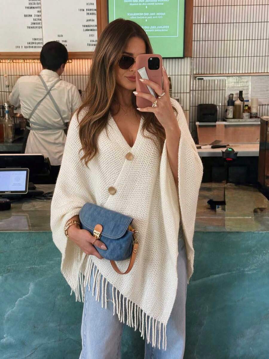 SEREN Bohemian Style Women's Shawl Sweater, Featuring Tassel Details, Ribbed Knit And Three-Quarter Sleeve Design, Perfect For Autumn Outfits - Apricot - View 1