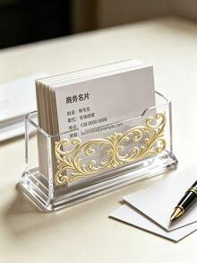 1pc Acrylic Business Card Holder For Desk, Luxury Golden Embossed Pattern Desktop Card Display Stand, Office Reception Desk Card Organizer,Exclusive Design Makes Your Business Card Holder Unique. - A - View 5