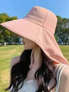 女款夏季寬邊防曬水桶帽，附馬尾孔、護頸披肩，戶外遮陽臉部防曬帽，多功能遮陽帽 - 彩色 - 查看 2