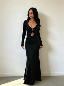 Women's Sexy Classy Black Long Sleeve Deep V Neck Maxi Dress Featuring Ruffle & Cut Out Details, Perfect For Formal Events & Prom - Black - View 9