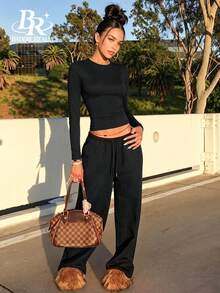 BADDIE REALM Women's Casual Drawstring Sweatpants Set With Round Neck Long Sleeve Top, Comfortable 2 Pieces Outfit With Slight Stretch Fabric For Fall - Black - View 1
