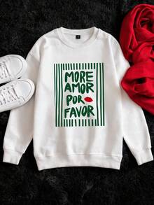 1 pieza Sudadera holgada de moda con cuello redondo y manga larga para mujer, estilo INS con estampado divertido de rayas en inglés "MORE AMOR POR FAVOR", capa base para otoño/invierno, prenda exterior, top Y2K para mujer - Blanco - Ver 2